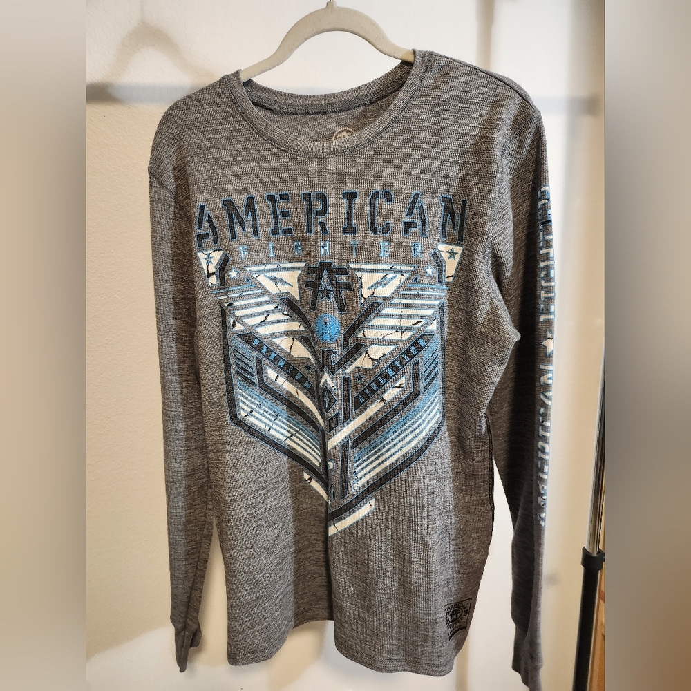 American Fighter Kids Gray and Blue Graphic Long Sleeve Tee